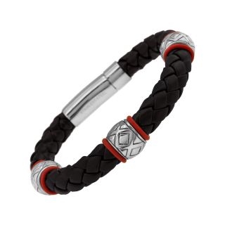 Stainless Steel & Leather Red Bead Mens Bracelet, Black