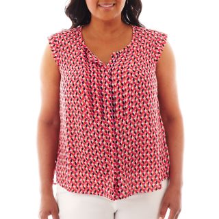 Worthington Pleated Button Front Top   Plus, Pink