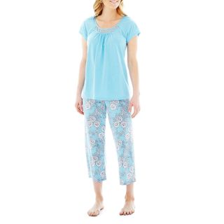 Earth Angels Short Sleeve Shirt and Capris Pajama Set   Plus, Blue/White, Womens