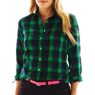 Brushed Twill Flannel Plaid Long Sleeve Shirt, Green/Pink