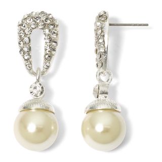 Vieste Silver Tone Pearlized Glass Bead Pavé Drop Earrings, White
