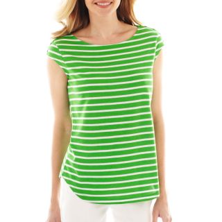 LIZ CLAIBORNE Cap Sleeve Striped Button Shoulder Tee, Green, Womens