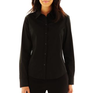 LIZ CLAIBORNE Long Sleeve Button Front Shirt, Black