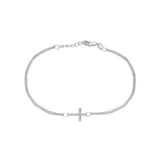 1/10 CT. T.W. Diamond Sterling Silver Sideways Cross Bracelet, White, Womens