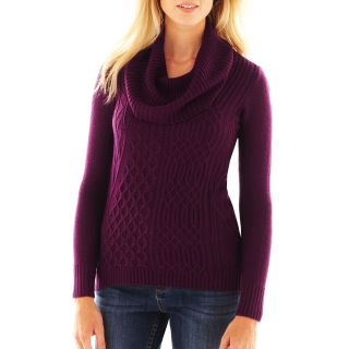 Cowlneck High Low Cable Sweater   Petite, Mulberry, Womens