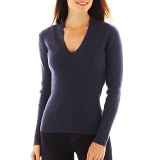 LIZ CLAIBORNE Long Sleeve High Back Ribbed Sweater, Indigo Heather, Womens