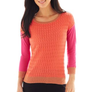 Worthington 3/4 Sleeve Colorblock Sweater, Pink, Womens