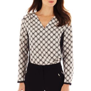 Worthington Long Sleeve V Neck Woven Blouse   Petite, Wh/blk Montpelier