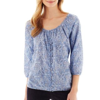 St. Johns Bay St. John s Bay 3/4 Sleeve Button Front Paisley Peasant Top, Blue