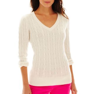 Wool Blend Cable Knit V Neck Sweater   Talls, Ivory, Womens