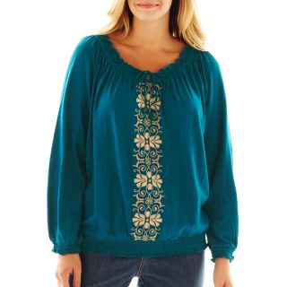 St. Johns Bay Embroidered Peasant Top   Plus, Royal Teal