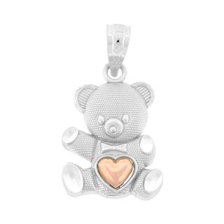 Sterling Silver Two Tone Teddy Bear Pendant, White/Pink