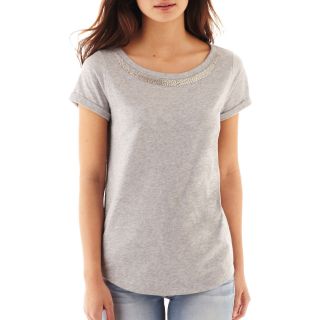 Beaded Wide Scoopneck Tee, Grey, Womens