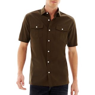 CLAIBORNE Short Sleeve Button Front Shirt, Rich Olive, Mens
