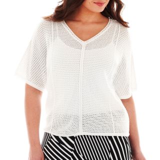 LIZ CLAIBORNE Short Sleeve Chain Stitch Sweater   Plus, White, Womens