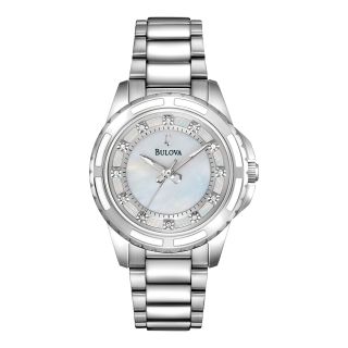 Bulova Womens Silver Tone Mother of Pearl Diamond Accent Watch
