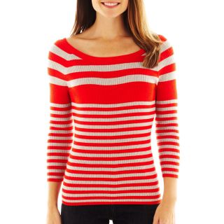 LIZ CLAIBORNE 3/4 Sleeve Striped Ribbed Sweater, Red, Womens