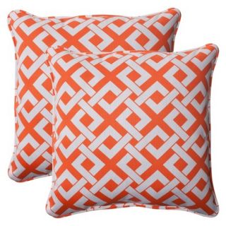Outdoor 2 Piece Square Toss Pillow Set   Orange/White Boxed In Geometric