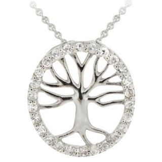 Sterling Silver Tree of Life Cubic Zirconia Circle Necklace   18