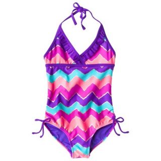 Girls 1 Piece Chevron Swimsuit   Purple/Pink XL
