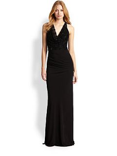 David Meister Beaded Bodice Gown   Black