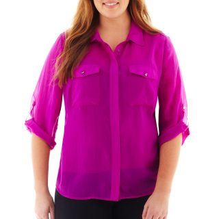 Como Black 3/4 Roll Sleeve Button Front Shirt   Plus, Robust Orchid
