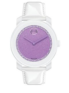 Movado Bold Large Crystal & Patent Leather Glitter Strap Watch/Lavender   White 