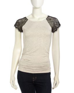 Ruched Lace Sleeve Top, Heather Gray