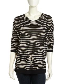 Ripple Stripe Dolman Drawstring Sweater, Navy/Khaki