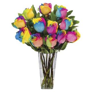 Fresh Cut Rainbow Roses with Vase   12 Stems