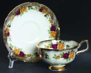 Arklow Cottage Roses Footed Cup & Saucer Set, Fine China Dinnerware   Red&Yellow