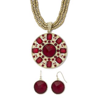 Gold Tone & Red Medallion Pendant & Earrings Set