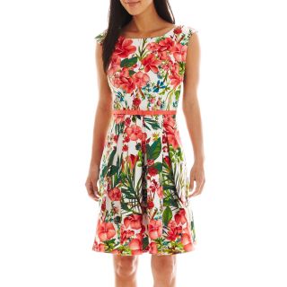 Danny & Nicole Sleeveless Belted Floral Print Dress, Ivory