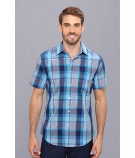 Perry Ellis Short Sleeve Chambray Plaid Shirt Mens Short Sleeve Button Up (Blue)