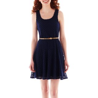 LOVE REIGNS As U Wish Sleeveless Belted Crocheted Skater Dress, Nvy