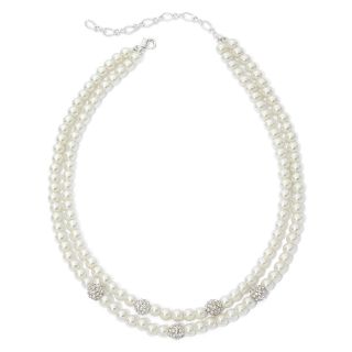 Vieste Silver Tone Simulated Pearl & Pavé Fireball 2 Row Necklace, White