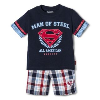 Superman Infant Toddler Boys Short Sleeve Tee and Plaid Boy Short Set   Navy 2T