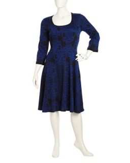 Damask Print Knit Dress, Black/Cobalt, Womens