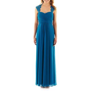 Lace Cap Sleeve Ruched Gown, Teal
