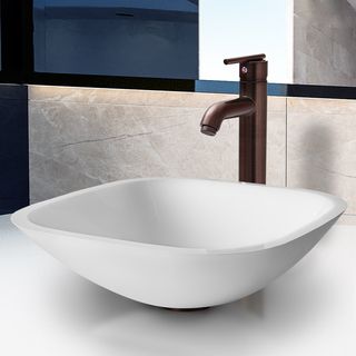 Vigo Square shaped White Phoenix Stone Glass Vessel Sink With Oil rubbed Bronze Bathroom Faucet