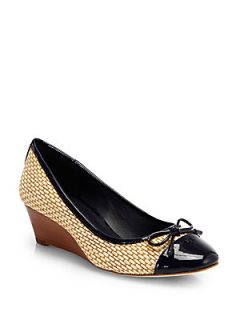 Tory Burch Catherine Raffia & Patent Leather Wedge Pumps   Navy