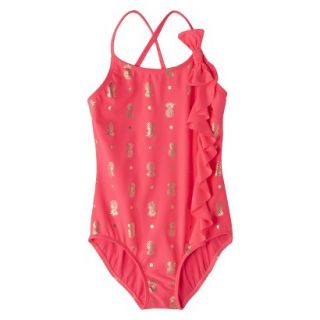 Girls 1 Piece Ruffled Swimsuit   Pink XL