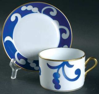 Oscar De La Renta Azul Flat Cup & Saucer Set, Fine China Dinnerware   Blue&White