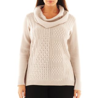 Design History Cowlneck Cable Sweater   Plus, Stone Beige, Womens