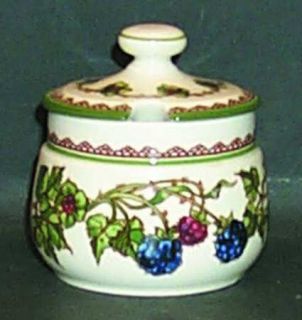 Goebel Brombeere Sugar Bowl & Lid, Fine China Dinnerware   Green Band, Berries A
