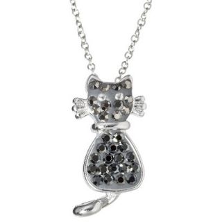 Silver Plate Cat Pendant Necklace with Crystals   Silver/Black