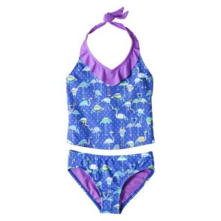 Girls 2 Piece Halter Flamingo Tankini Swimsuit Set   Blue XS