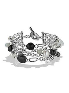 David Yurman Bead Four Row Chain Bracelet with Black Onyx and Pearls   Silver