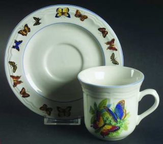 Tabletops Unlimited Butterflies Flat Cup & Saucer Set, Fine China Dinnerware   B