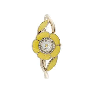 Womens Flower Case Closed Bangle Bracelet Watch, Yellow
